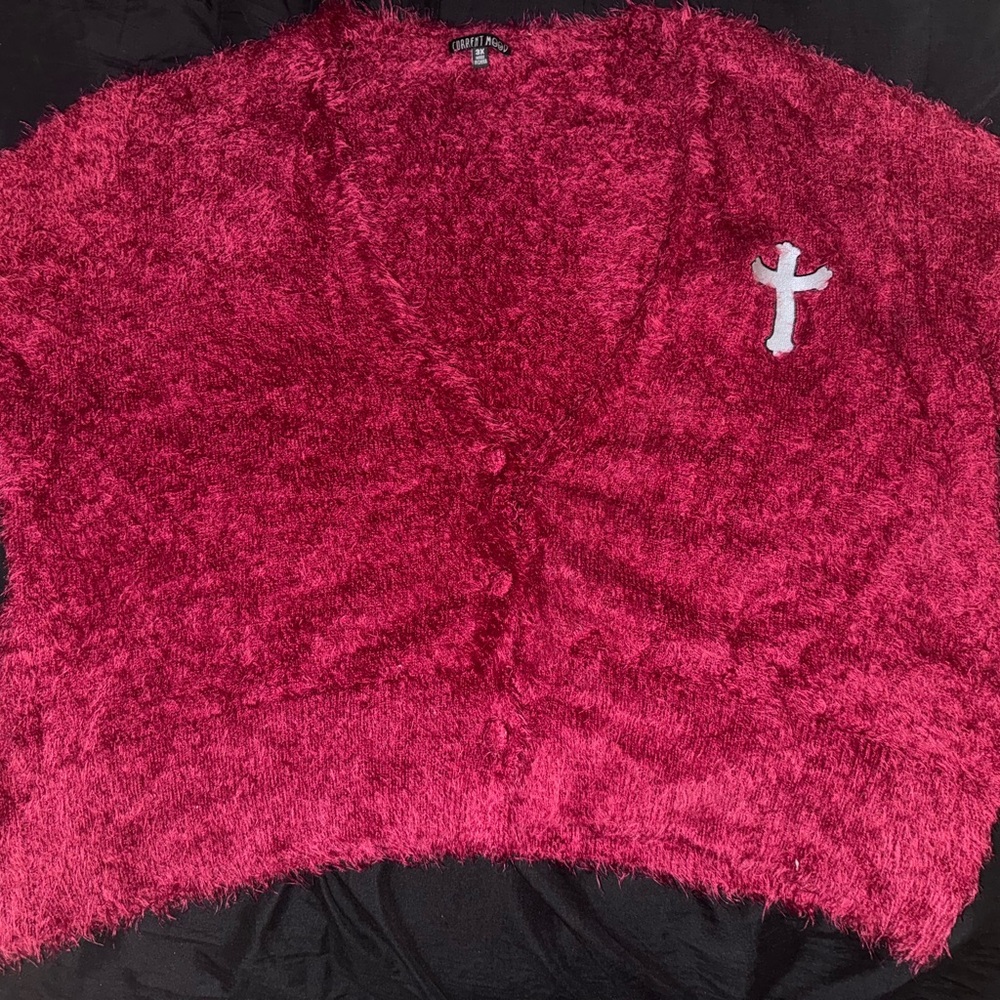 Fuzzy red CURRENT MOOD cardigan